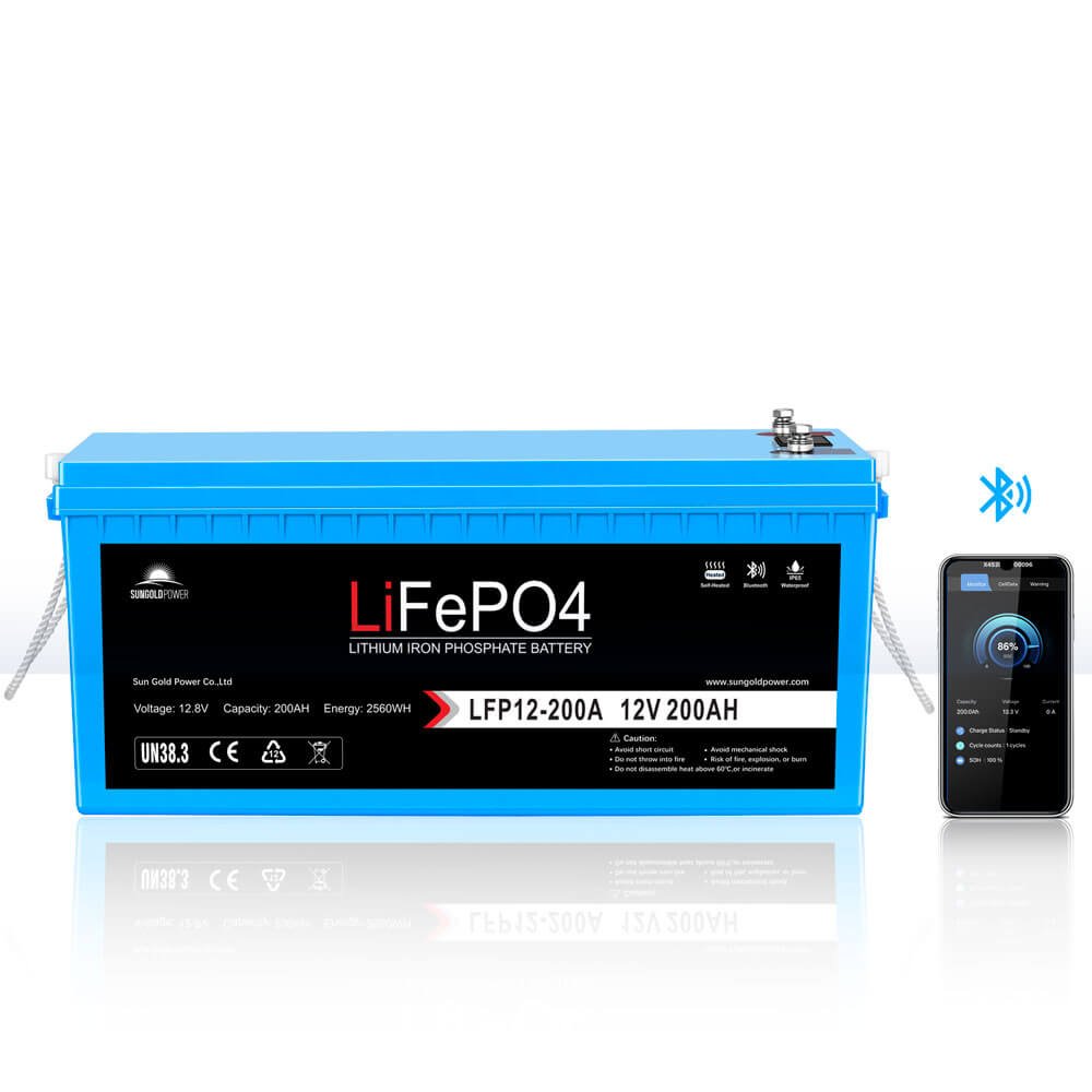 SunGoldPower LFP12-200A — 12V 200Ah LiFePO4 Bluetooth Self-Heating Battery